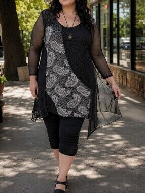Papa Vancouver Black Gray Paisley Mesh Lace Overlay Tunic Top Fairy Grunge Boho